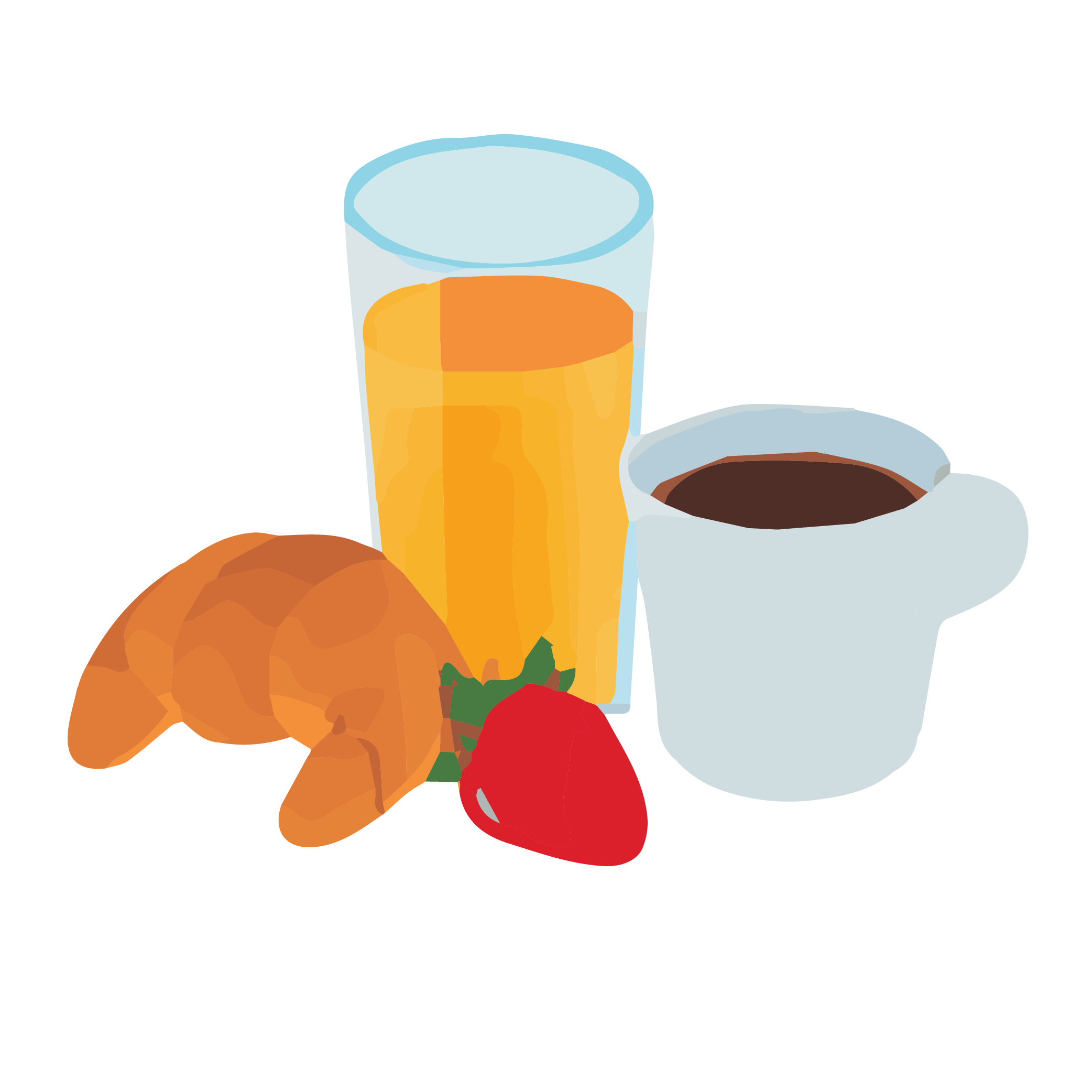 dessin petit déjeuner avec croissant, café, fraise et jus de fruit