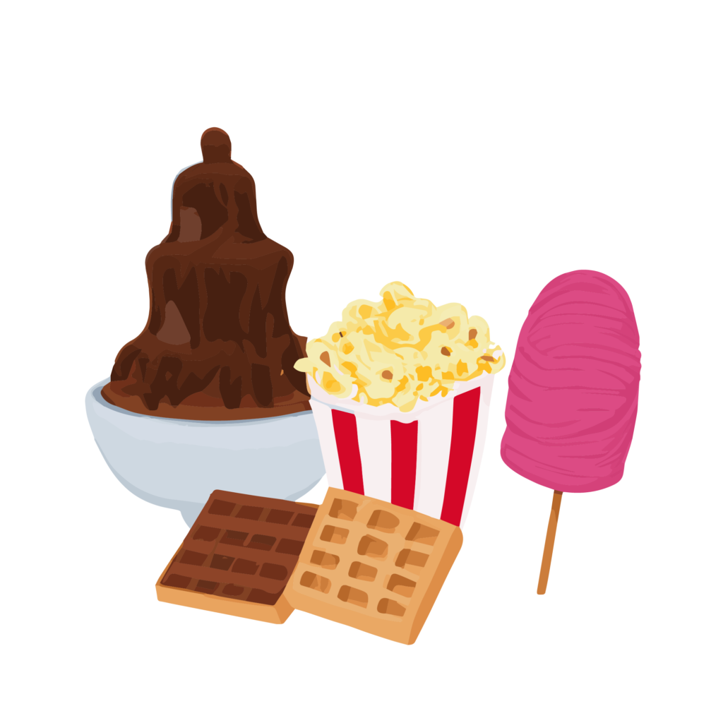 dessin fontaine à chocolat, pop corn, crêpes et barbe à papa